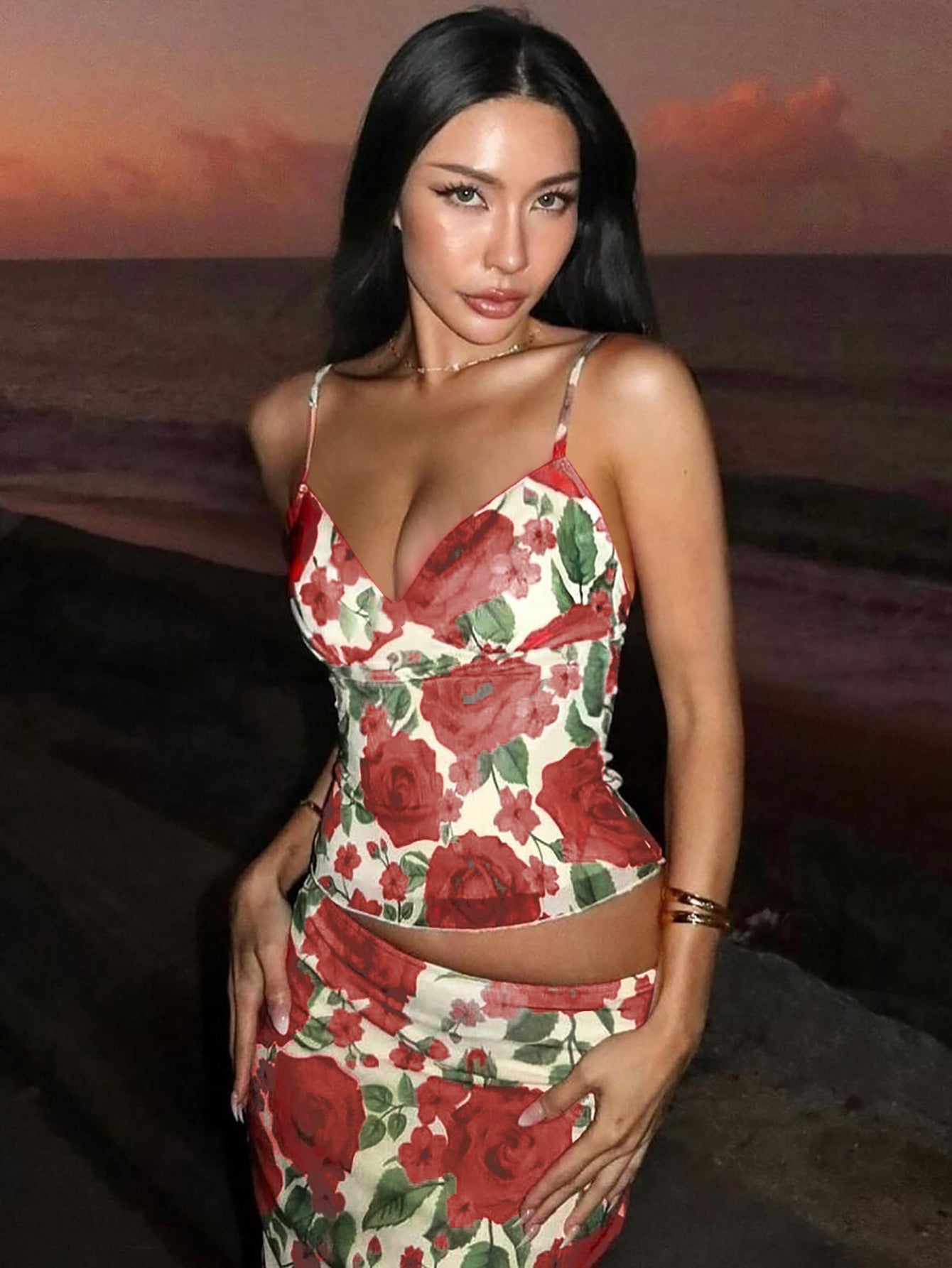 Women's 2-Piece Rose Print Maxi Skirt Set – Spaghetti Strap Crop Top & Flowy Long Skirt Outfit - Image 2